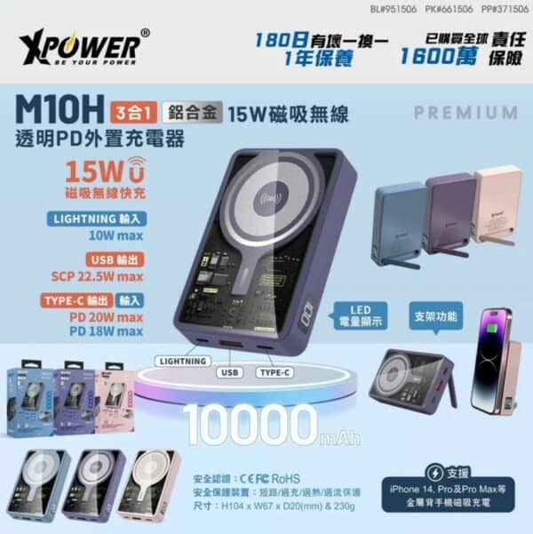 XPower – 3合1 10,000mAh 15W磁吸無線透明PD外置充電器 M10H