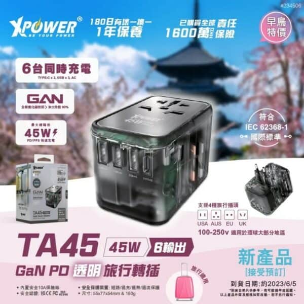 XPower – 45W 6輸出 GaN PD透明旅行轉插 TA45
