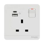 Schneider 施耐德 - 13A 連保護門有掣雙極插座連兩位21W Type A+C USB 充電插座 E8315DACUSB_WE / E8315DACUSB_WG / E8315DACUSB_DG / E8315DACUSB_WD